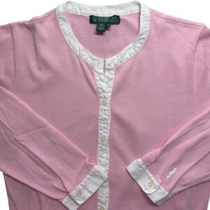Ralph Lauren‎ Womens Cardigan Medium 3/4 Sleeve Pink White Sweater Buttondown